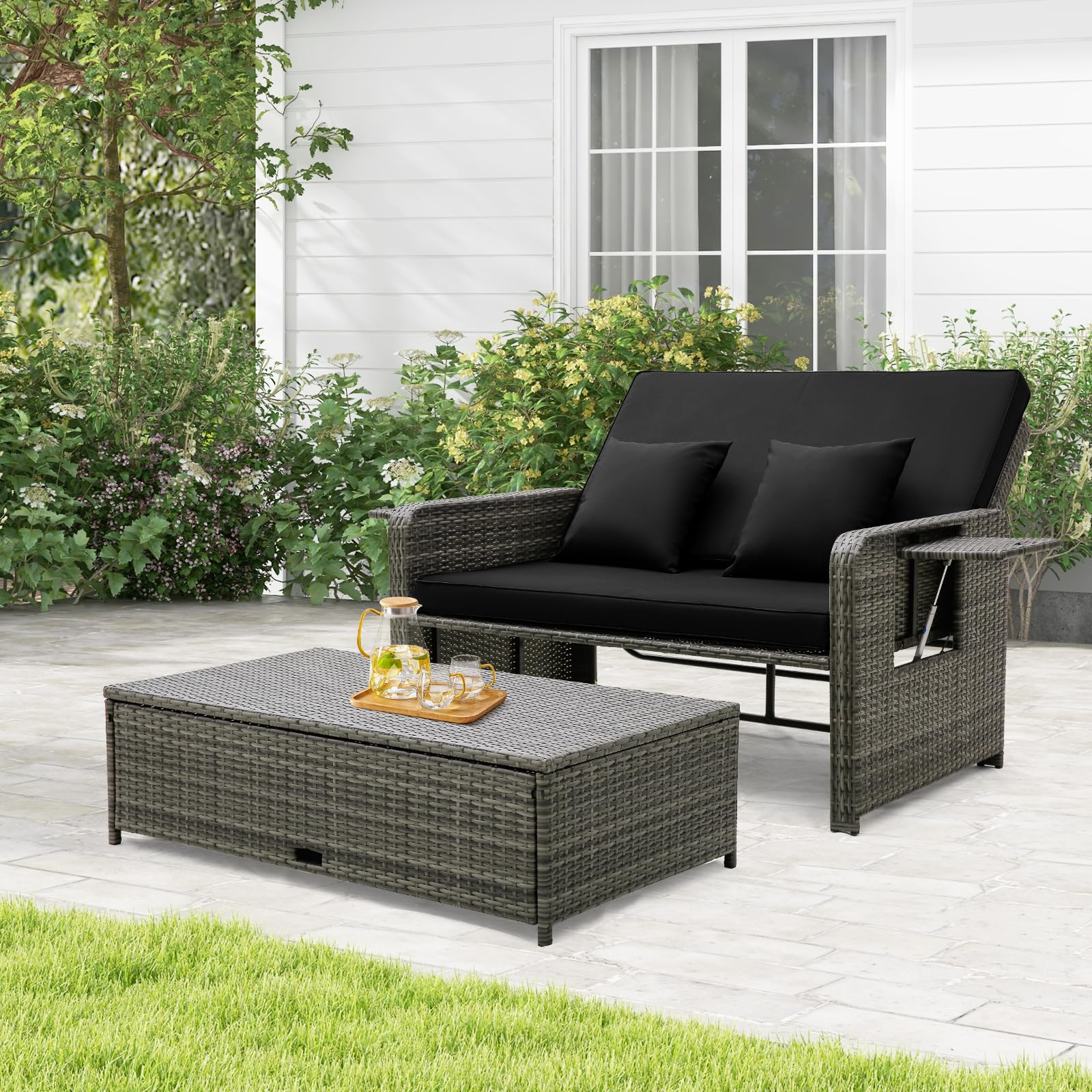 Patio Rattan Daybed Set, Wicker Loveseat Sofa w/Multipurpose Ottoman & Retractable