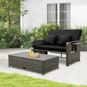 Patio Rattan Daybed Set, Wicker Loveseat Sofa w/Multipurpose Ottoman & Retractable