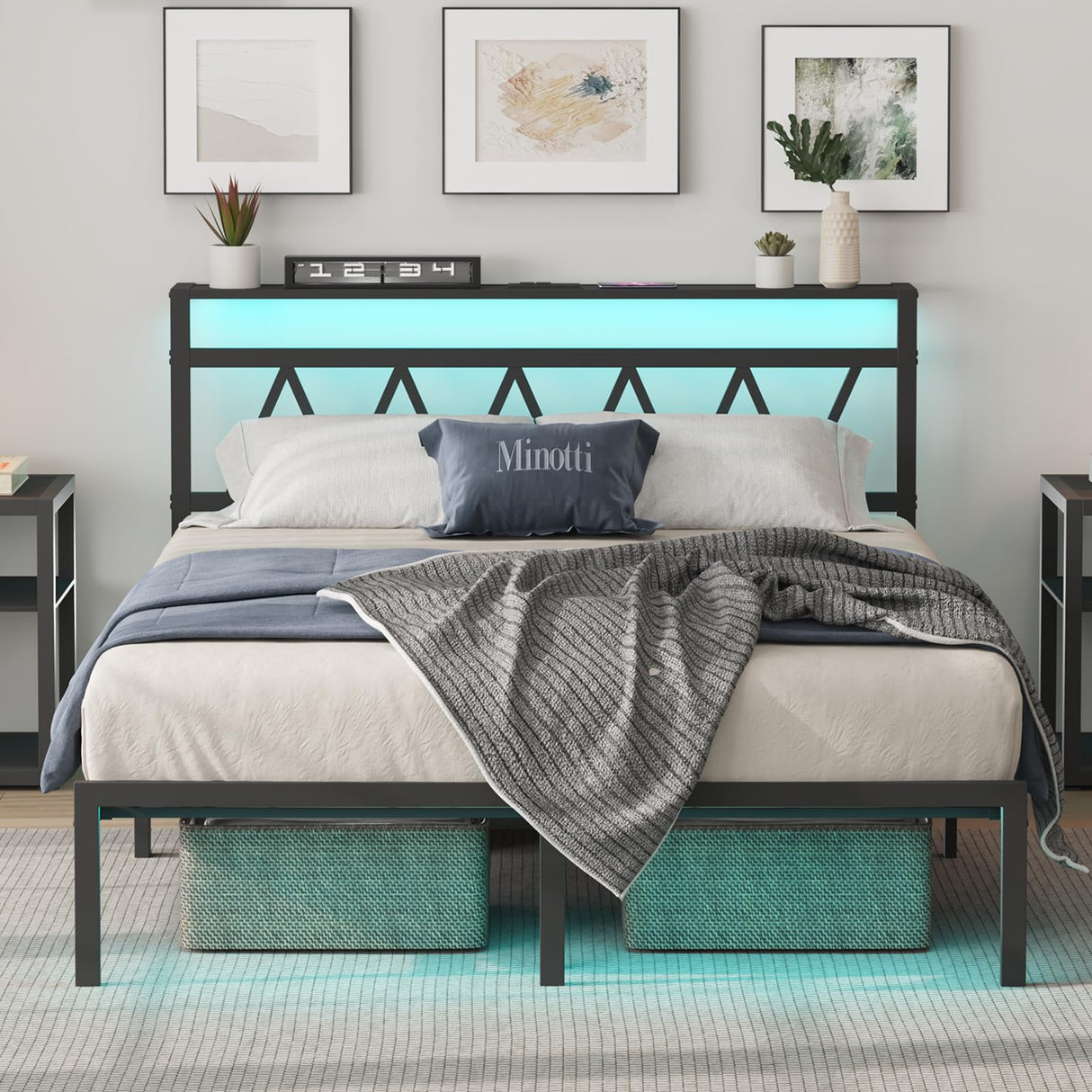 Full Bed Frame with Smart LED Lights, Storage Headboard and USB Charging Station