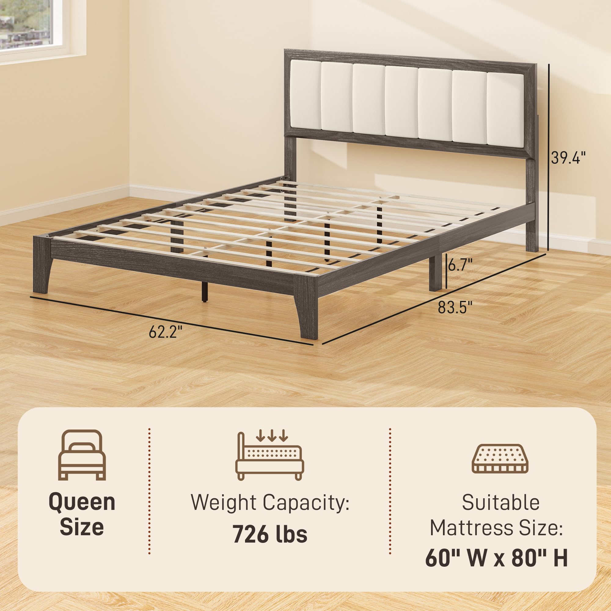 Queen Size Upholstered Platform Bed Frame with Wooden Slats - Charcoal Gray
