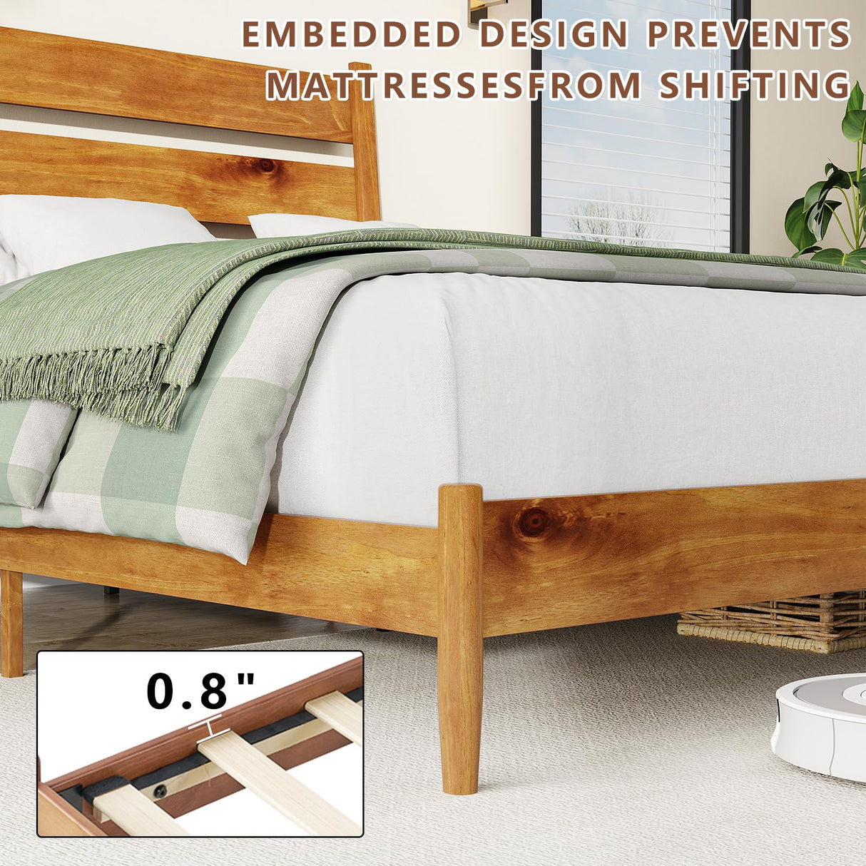 Solid Wood Bed Frame with Ergonomic Headboard, Full Size Mid Century Wooden Platform