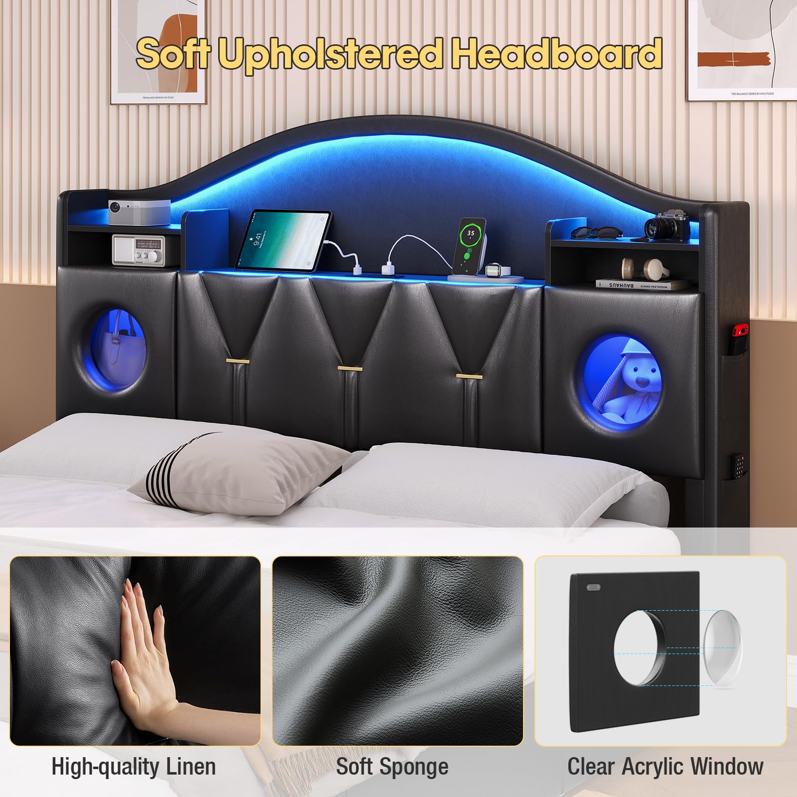 Queen Bed Frame with Storage Headboard and 6 Drawers