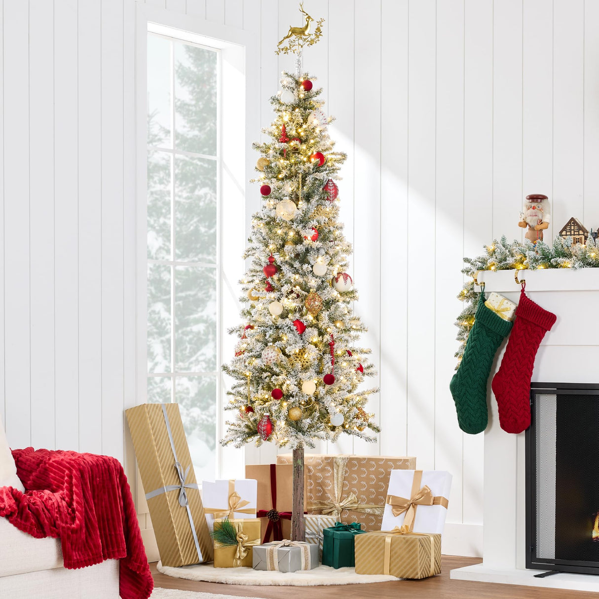 Flocked Pencil Christmas Tree 6ft Pre-lit Alpine Slim Holiday Decoration