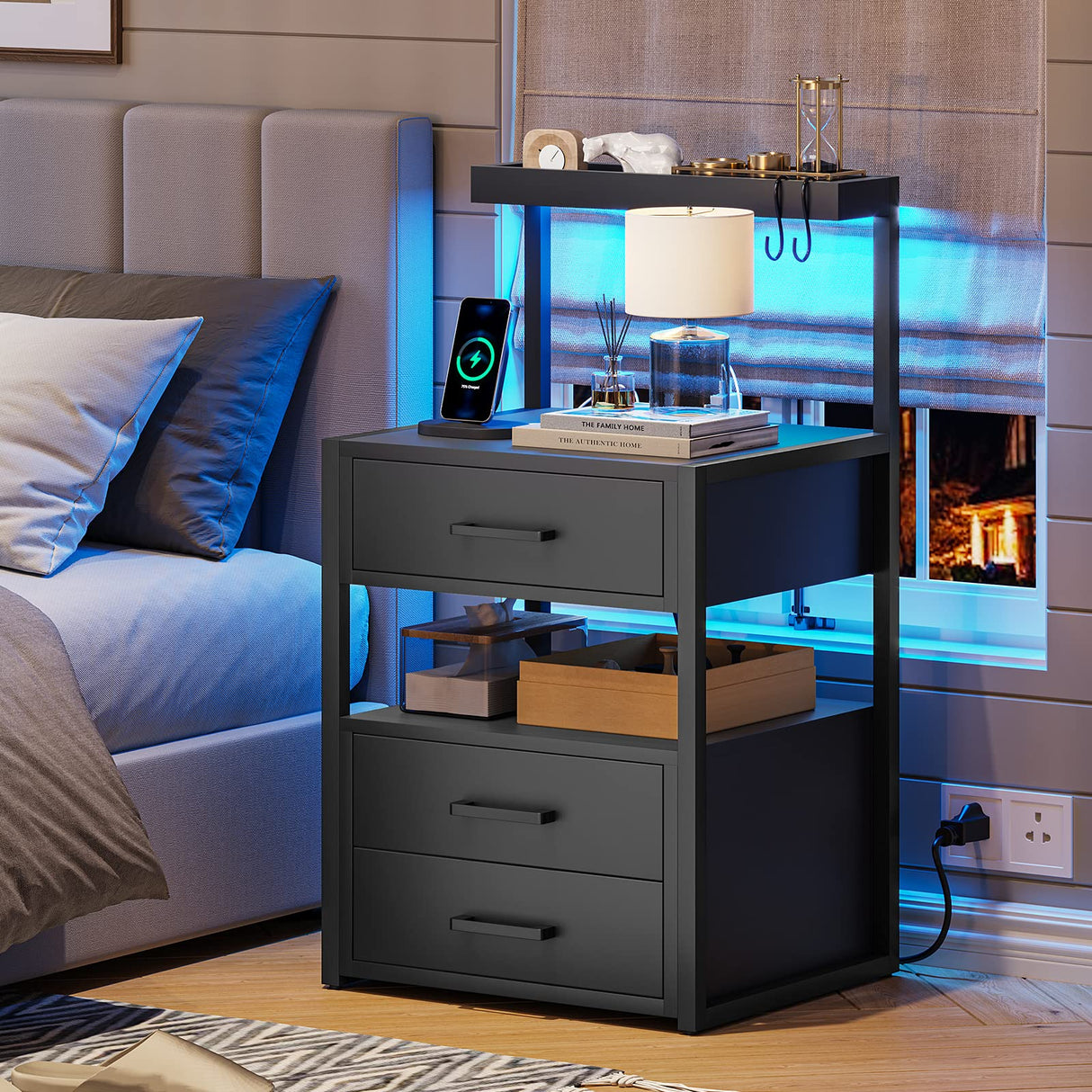 Nightstand with Charging Station and LED Lights, LED Night Stand with 2 USB Ports and 2 AC Outlets,