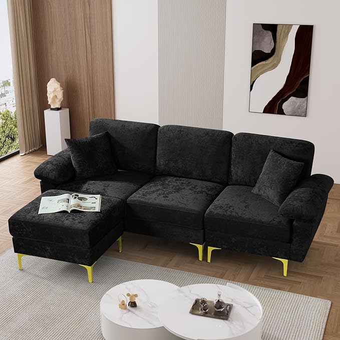 L Shaped Sectional Sofa Couch, 88.5" Comfy Velvet Upholstered 3 Seat Sofa Set