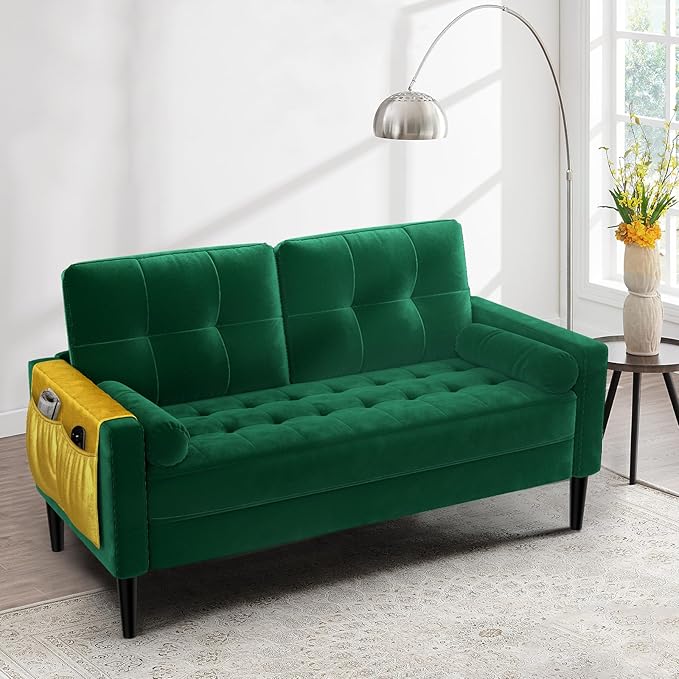 58 Inch Loveseat Sofa, 2 Seater Sofa for Small Space, Button Tufted Velvet Grey Couch