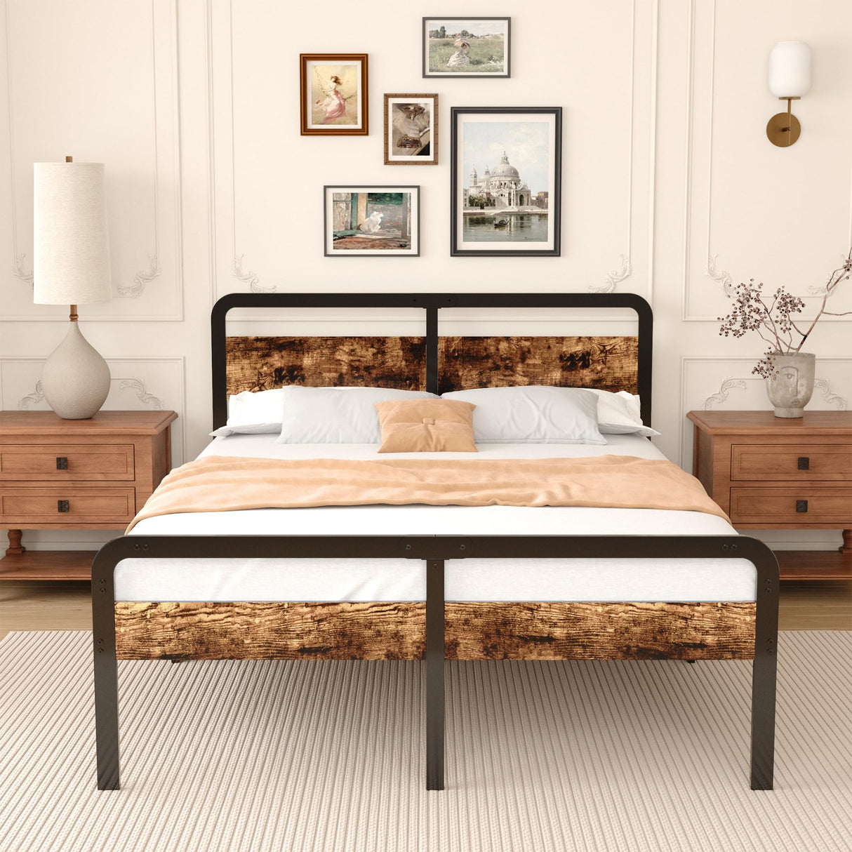 King Size Bed Frame with Wood Headboard and Footboard 14 Inch,