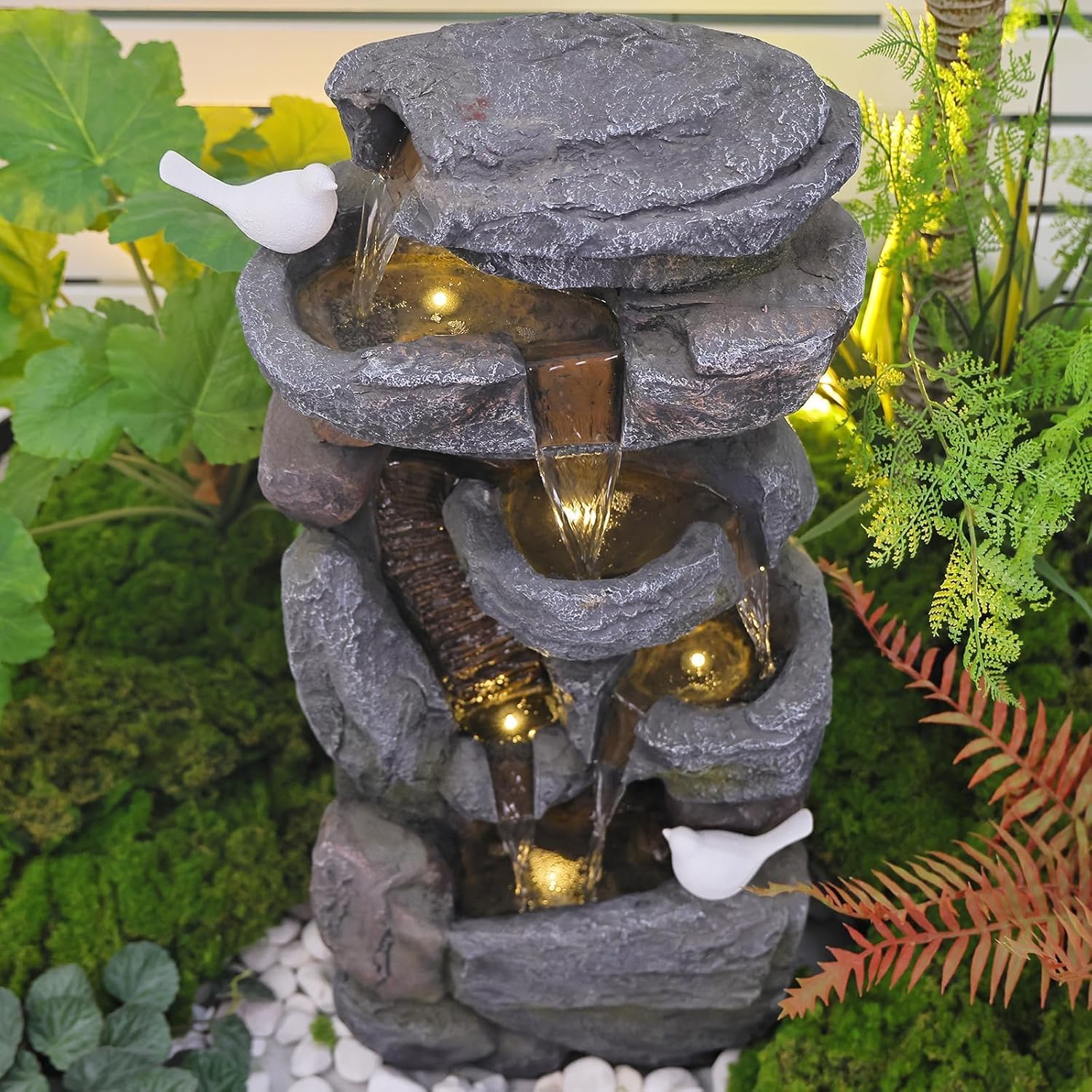 31.5" H Cascading Water Fountain Outdoor Garden Fountains with Light 5-Tier Rock