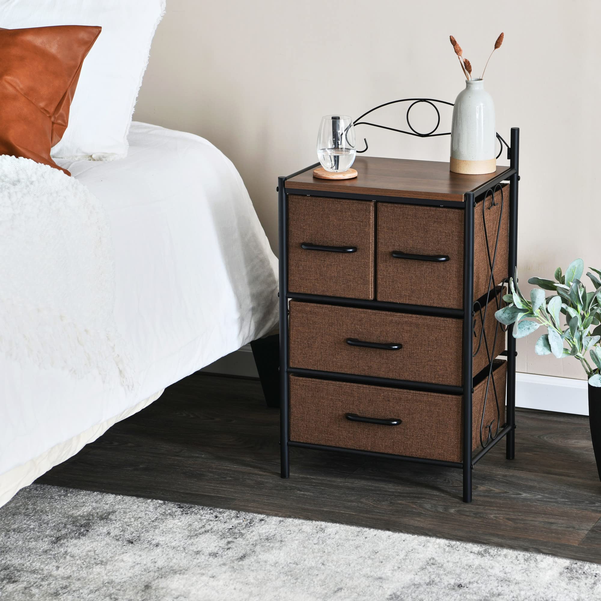 Victoria Dresser Nightstand Storage Organizer with 4 Brown Drawers Black Metal Frame and Mid Century
