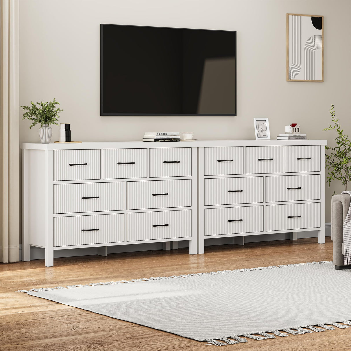 White Dresser 7 Drawer Dresser for Bedroom, Modern Fluted Dresser with Solid Wood