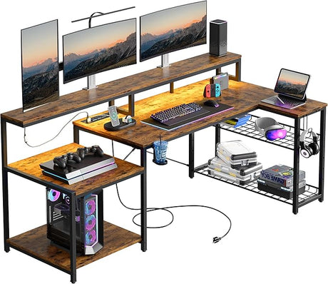 71.5 inch Computer Desk with Power Outlets, LED Large Home Office Desk with Monitor Stand