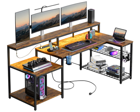 71.5 inch Computer Desk with Power Outlets, LED Large Home Office Desk with Monitor Stand