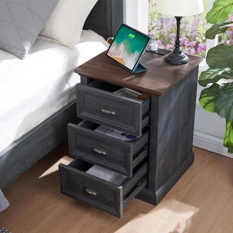 Farmhouse Nightstand with Charging Station, 3 Drawer Dresser for Bedroom