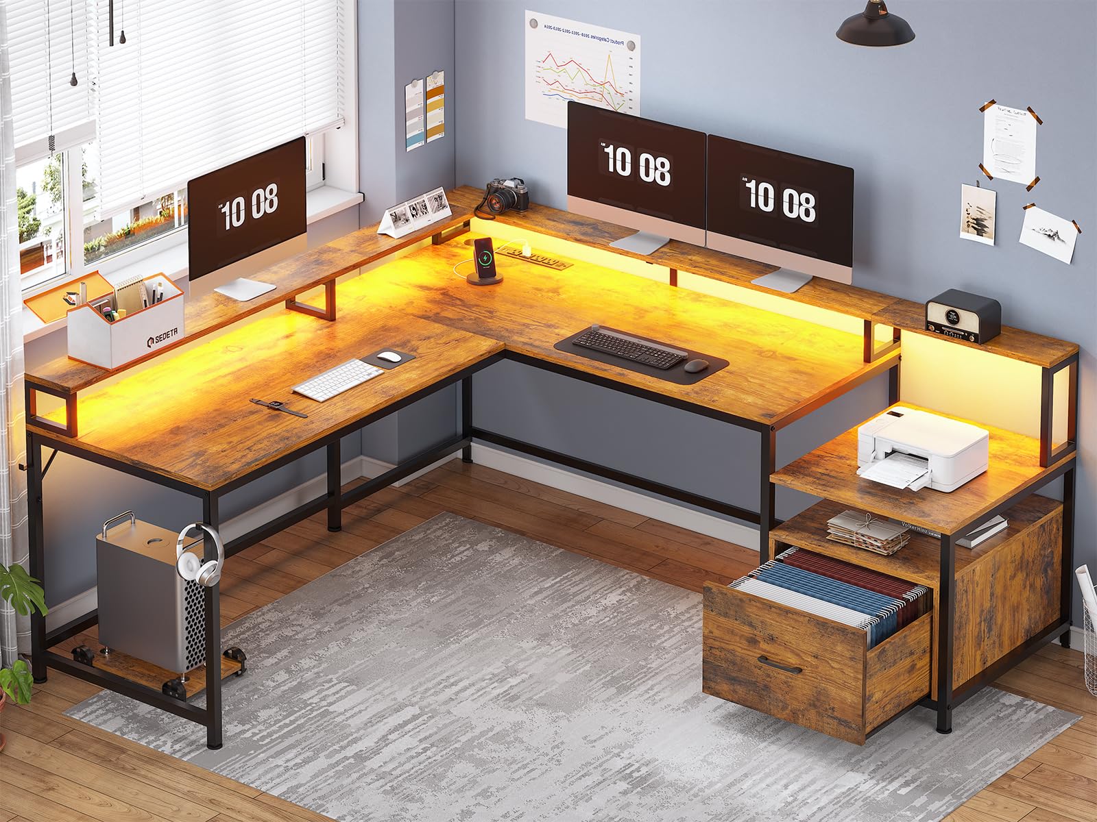SEDETA L Shaped Desk, 66" Home Office Desk with File Drawer & Power Outlet