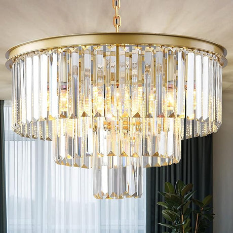 Gold Modern Crystal Chandelier, 2-Tier Round Flush Mount Ceiling Light Fixtures Height