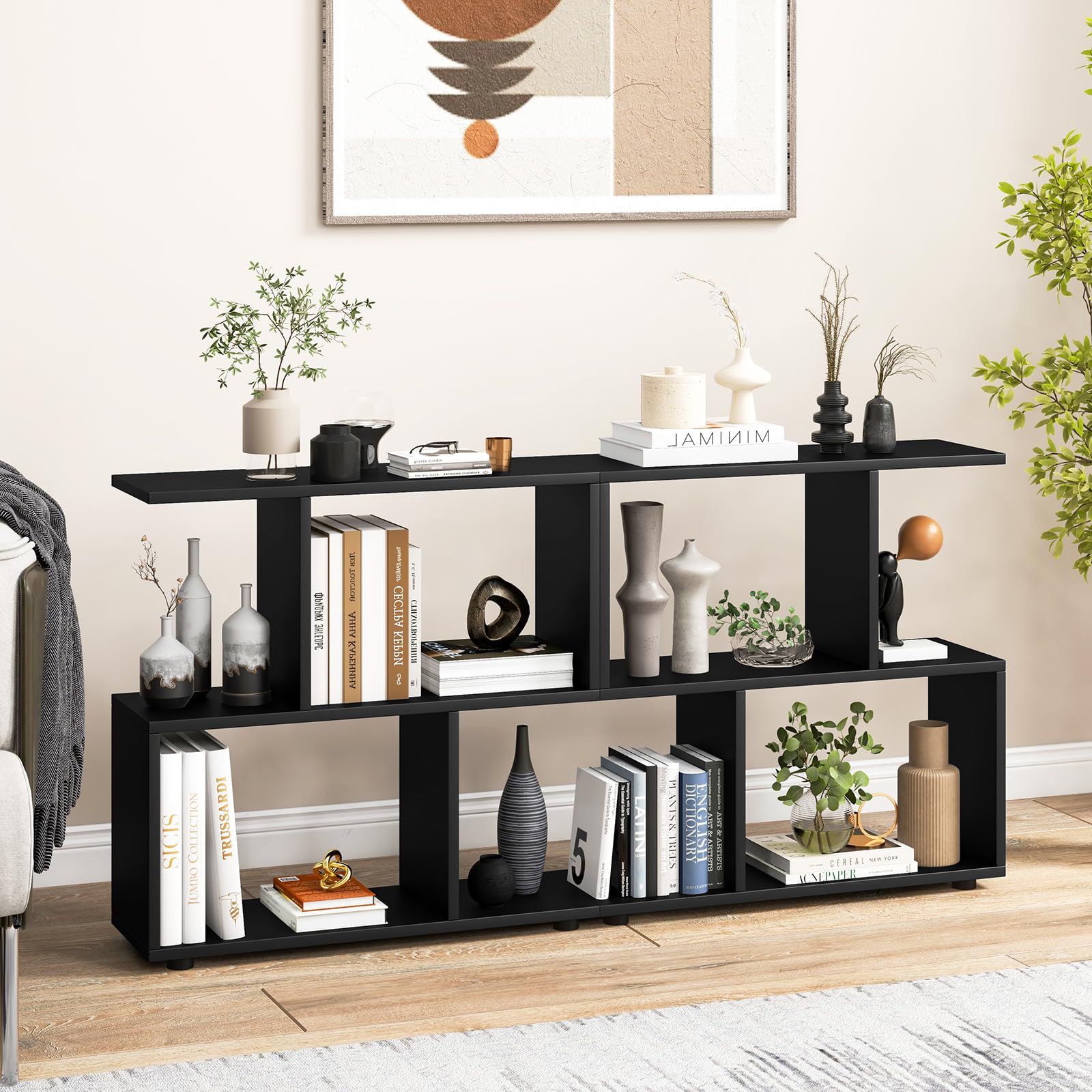 3-Tier Geometric Bookshelf, 24" Tall Wood S-Shaped Display Shelves with Thick Foot Pads, Freestanding Open Shelves Nightstand, Floor Standing Display Shelf Bookcase, Black