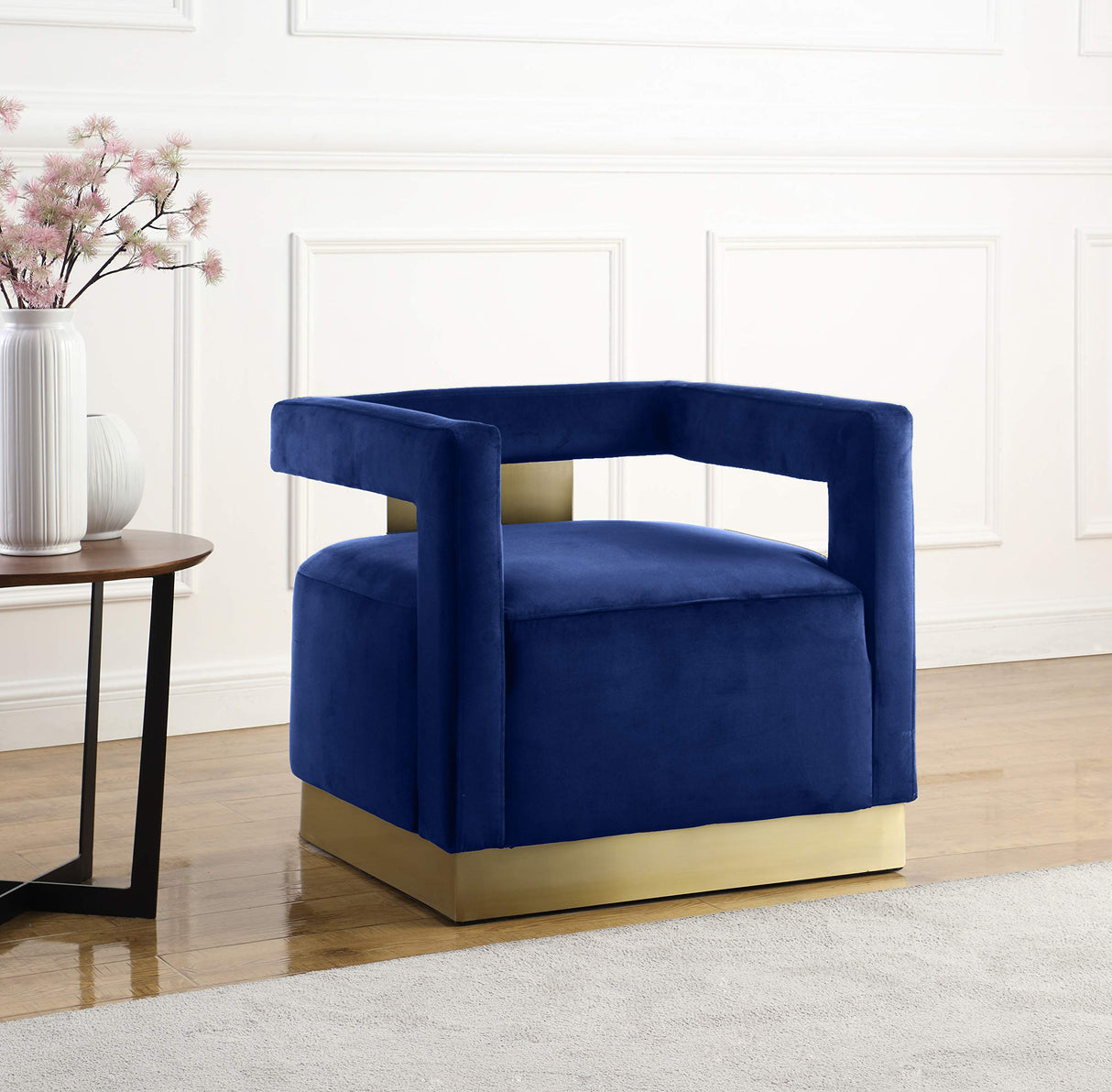 Meridian Furniture Armani Collection Modern | Contemporary Velvet Upholstered Accent Chair with Sturdy Steel Base and Back in Gold Finish, 31.5" W x 28" D x 28" H, Navy