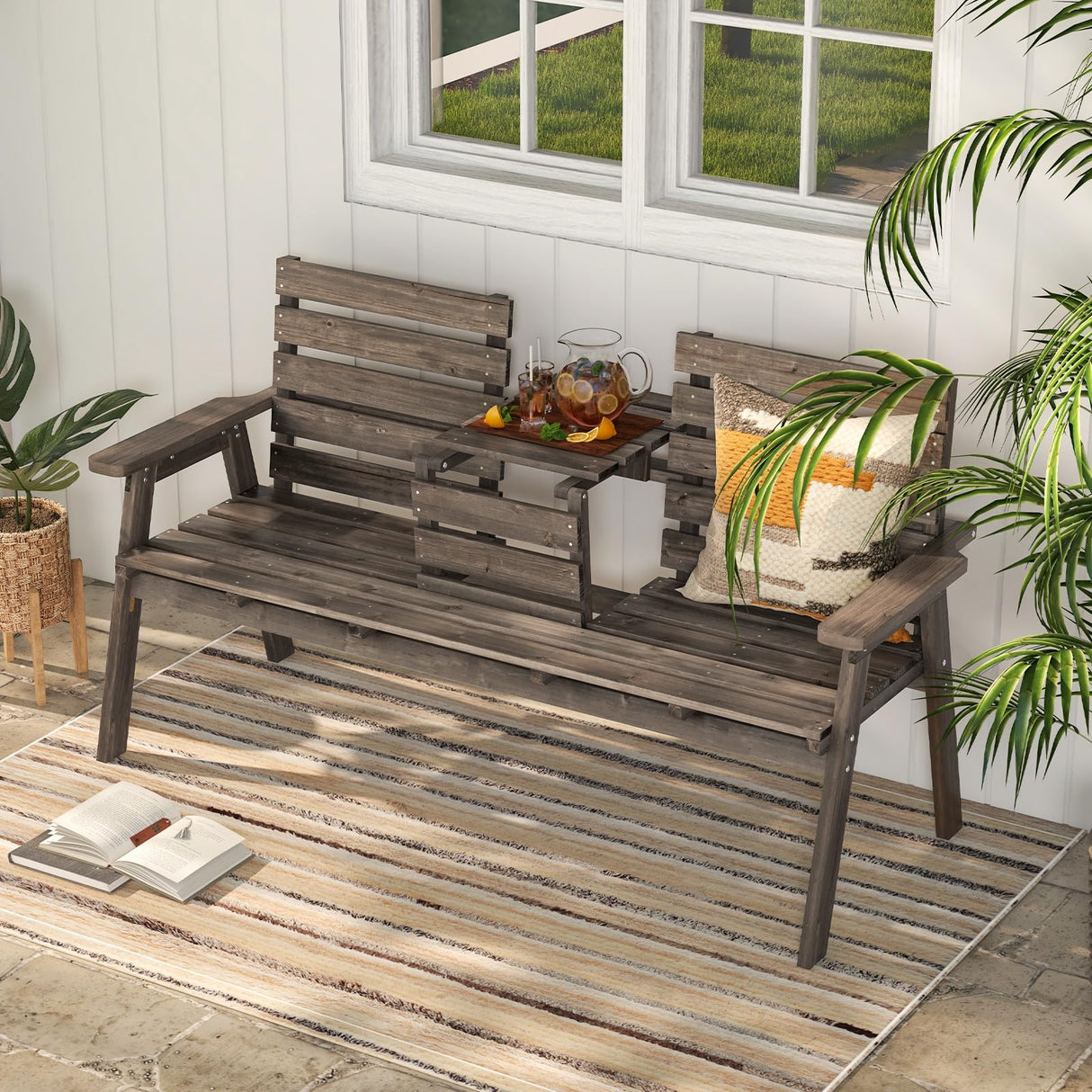 Outdoor Fir Wood Bench with Foldable Middle Table, 2-3 Person Garden Bench