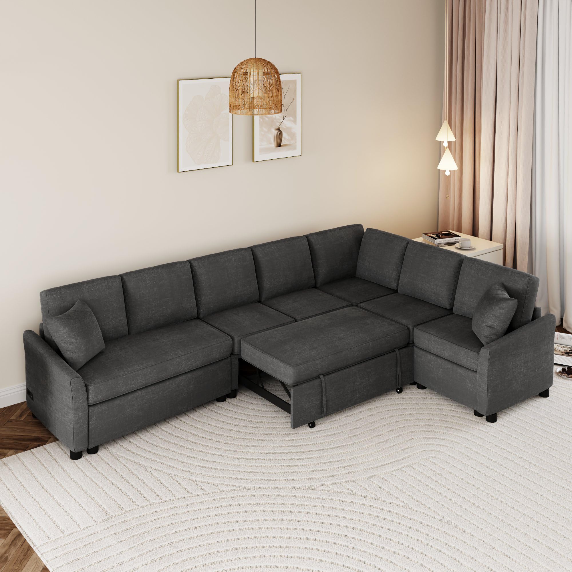 125" Pull Out Sleeper Sofa Bed with 2 Back Pillows,Oversized L-Shaped Sectional