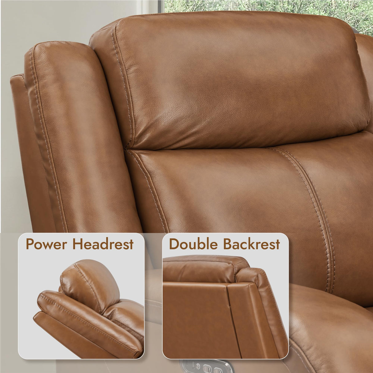 Genuine Leather Power Recliner Chairs for Adults, Wall Hugger RV Recliner with Power Headrest & Charging Ports, Electric Recliner Sofa Chair for Living Room, Saddle Brown