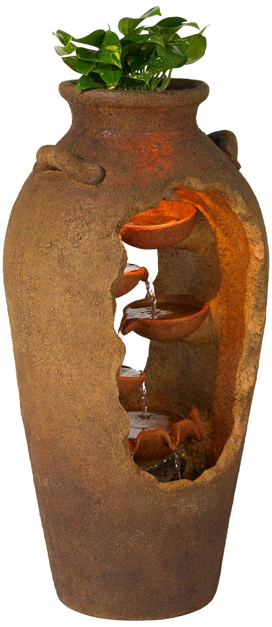 Outdoor Floor Urn Waterfalls Fountain 33" High with LED Light and Planter Decor for Garden