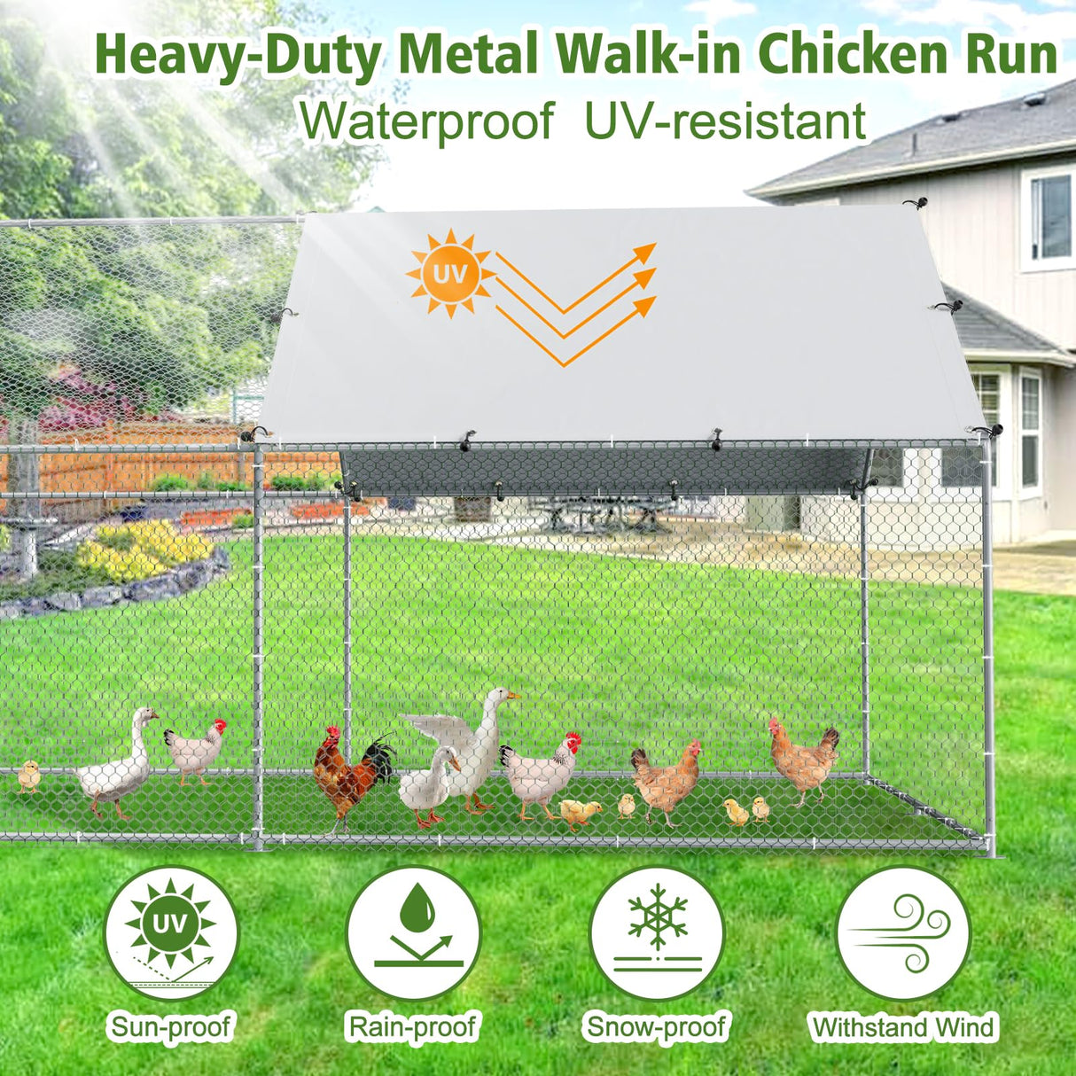 Large Metal Chicken Run with Waterproof Cover - Spacious Outdoor Poultry Cage