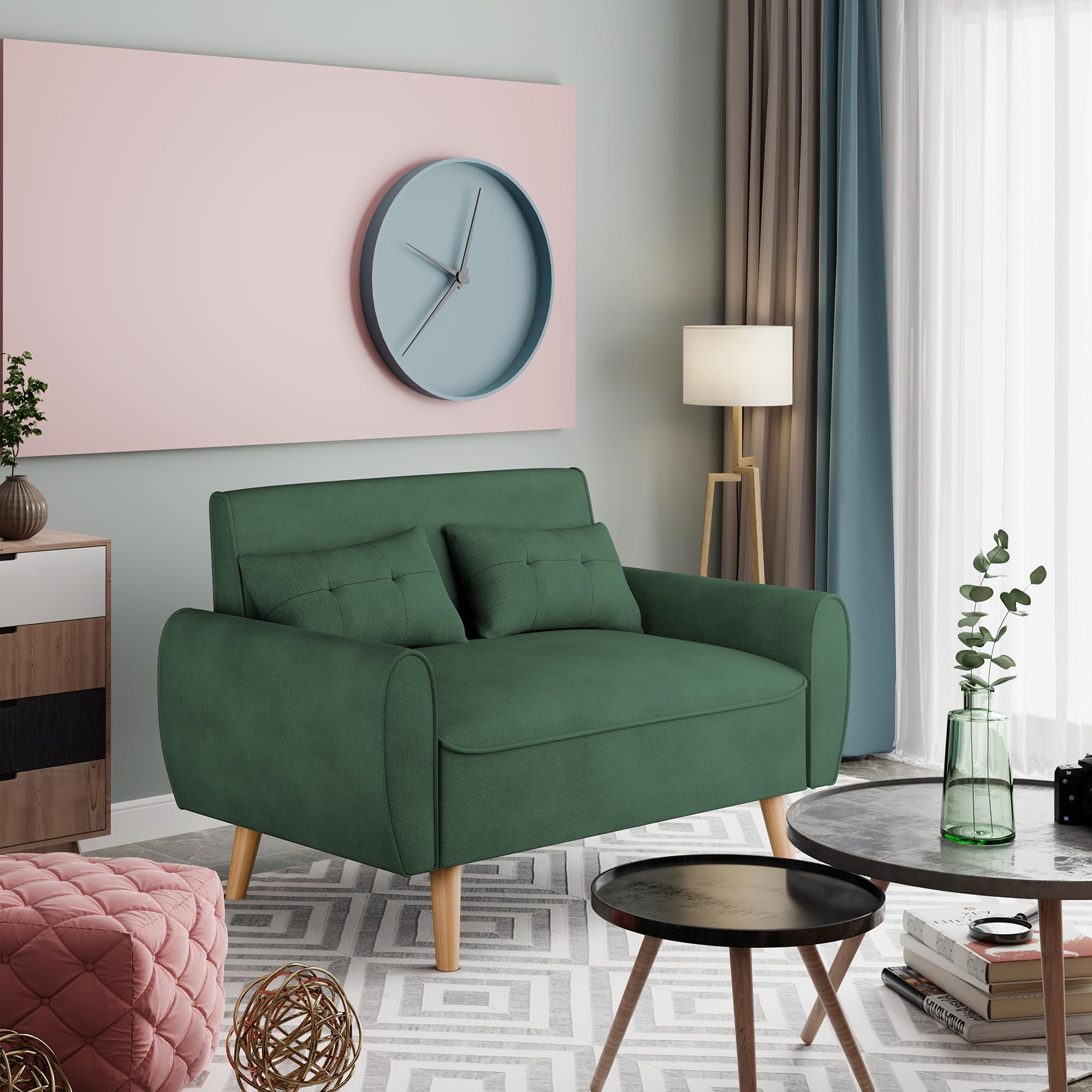 47" Small Modern Loveseat Sofa, Mid Century Linen Fabric 2-Seat Sofa