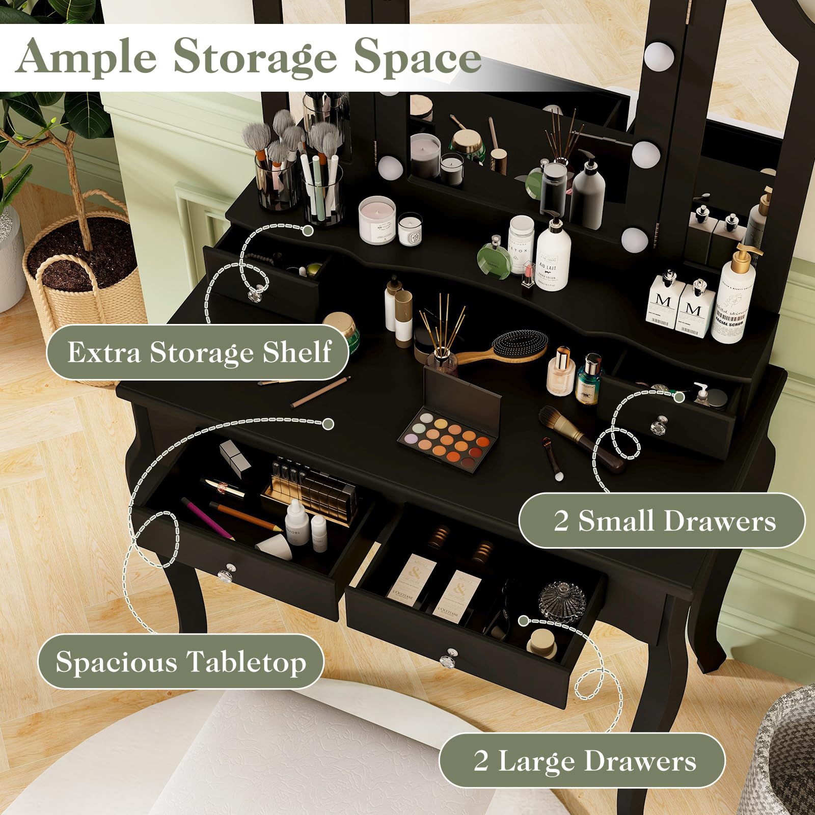 Vanity Desk with Lights - Makeup Vanity Table with Tri-Fold Mirror, 10 Adjustable