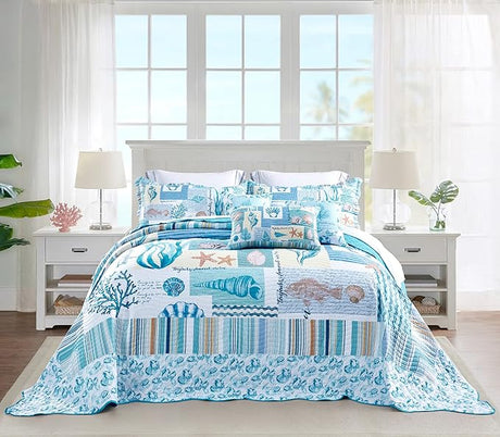 Coastal Oversized King Bedspread 128x120 Extra Wide, Lightweight Beach Bedding