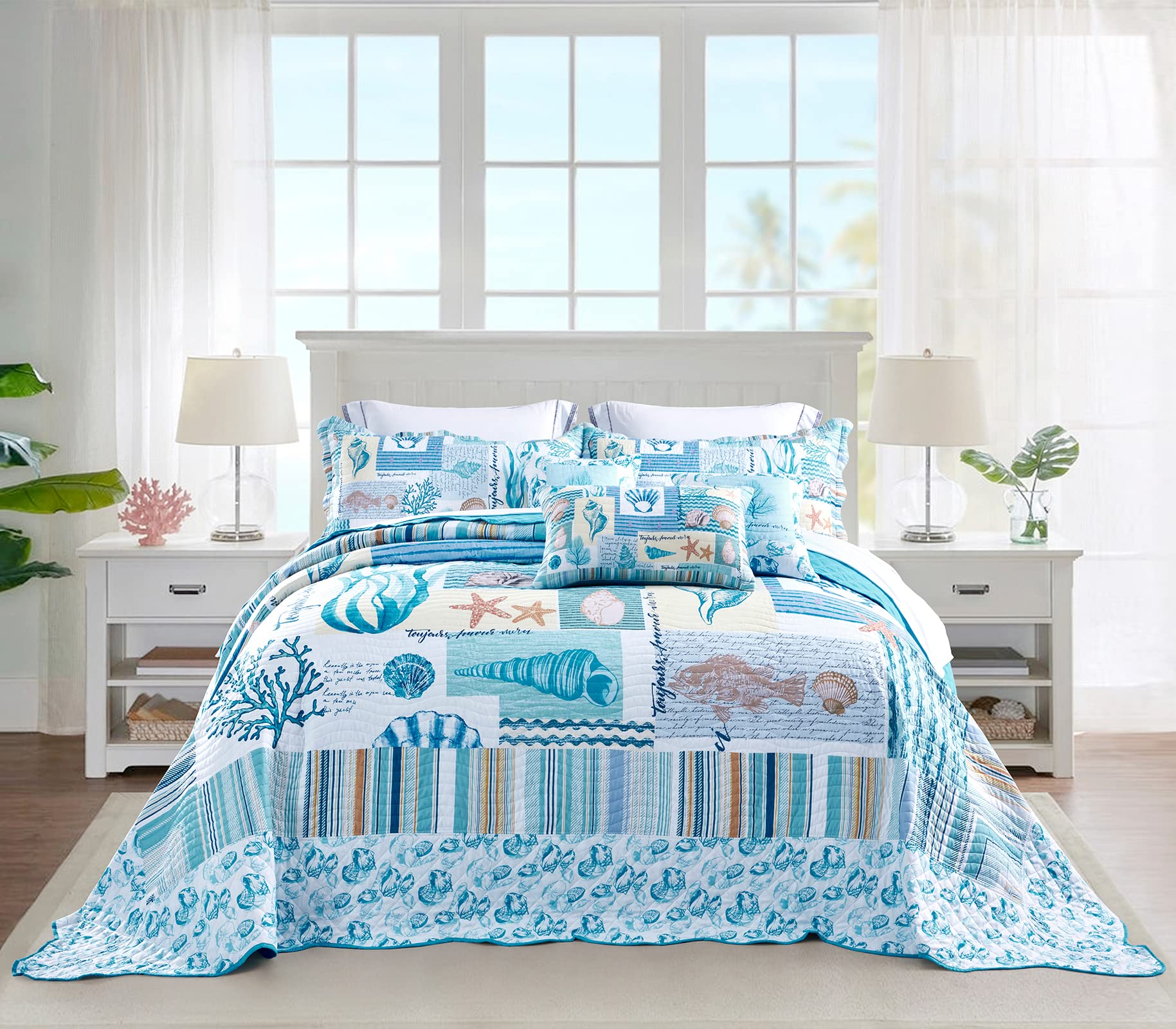 Coastal Oversized King Bedspread 128x120 Extra Wide, Lightweight Beach Bedding