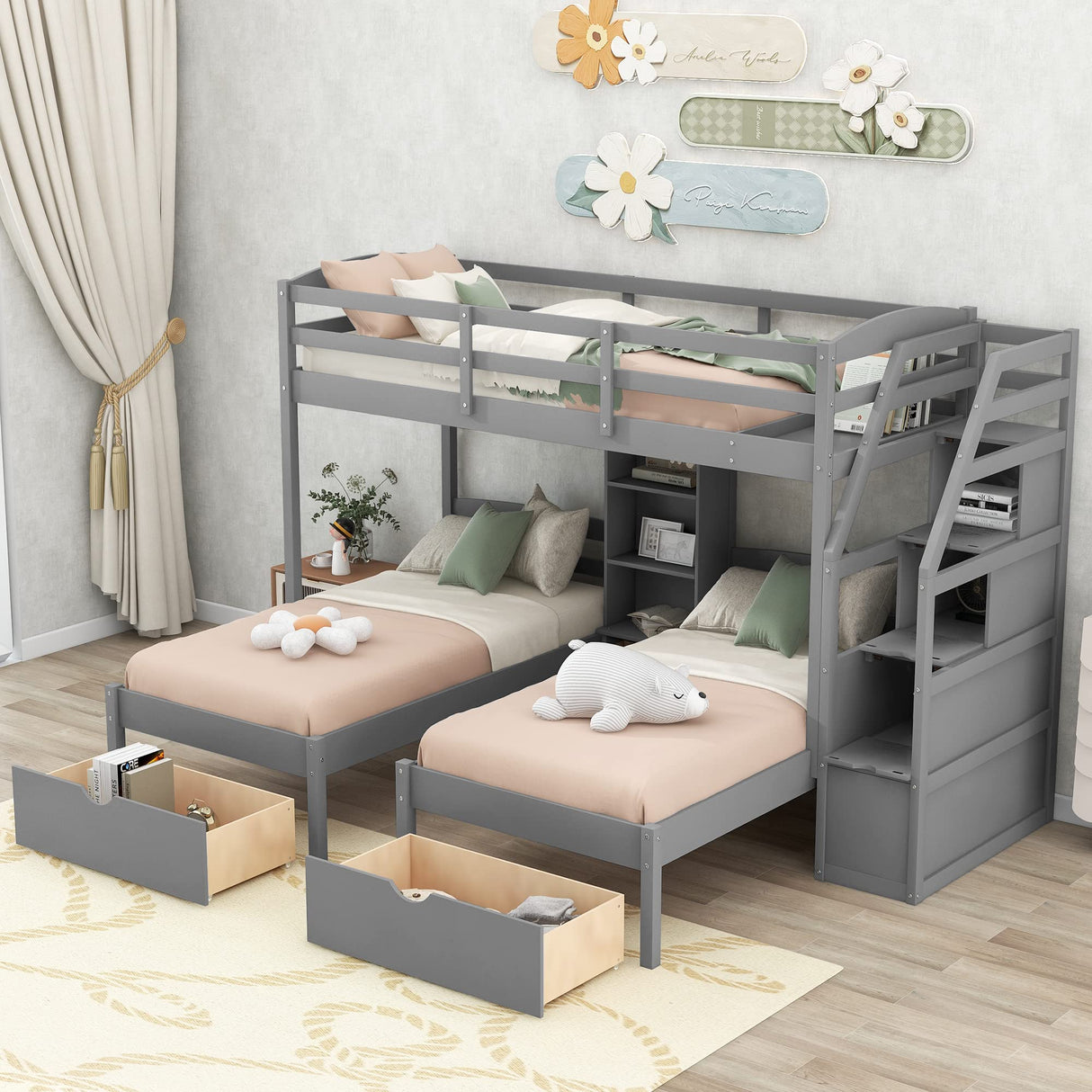 Triple Bunk Bed with Stairs, Twin Over Twin & Twin Bunk Bed for 3, Triple Bunk Bed with Drawers