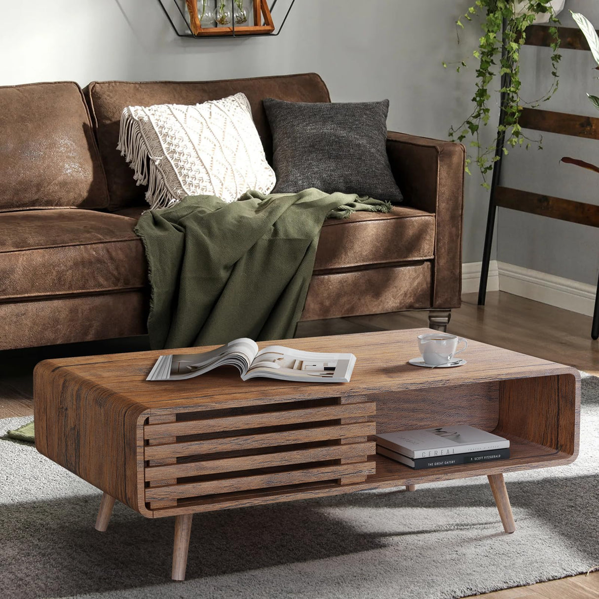 Easyego Coffee Table with Storage, Mid Century Modern Coffee Table for Living Room, Farmhouse, Rectangle Coffee Table, Wooden Center Table (Walnut)