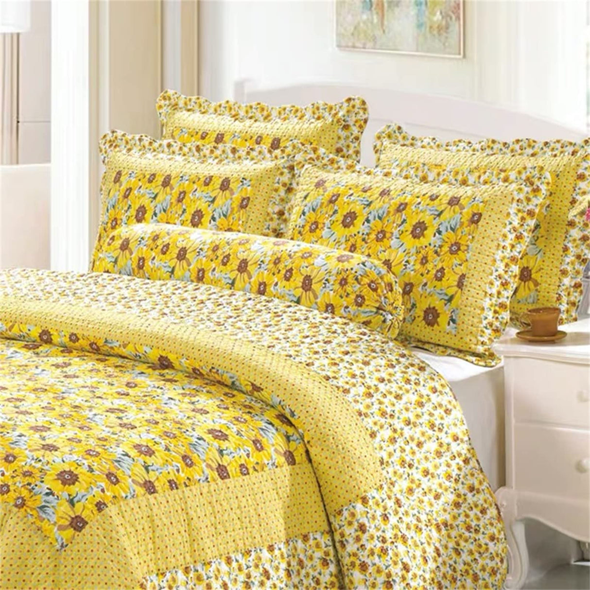 Cotton Polka Dot Comforter Set Sunflower Patchwork Bedspreads Quilt Sets Sunflower