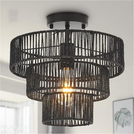 Hand-Woven Rattan Semi Flush Mount Ceiling Light Fixture Vintage Farmhouse Boho