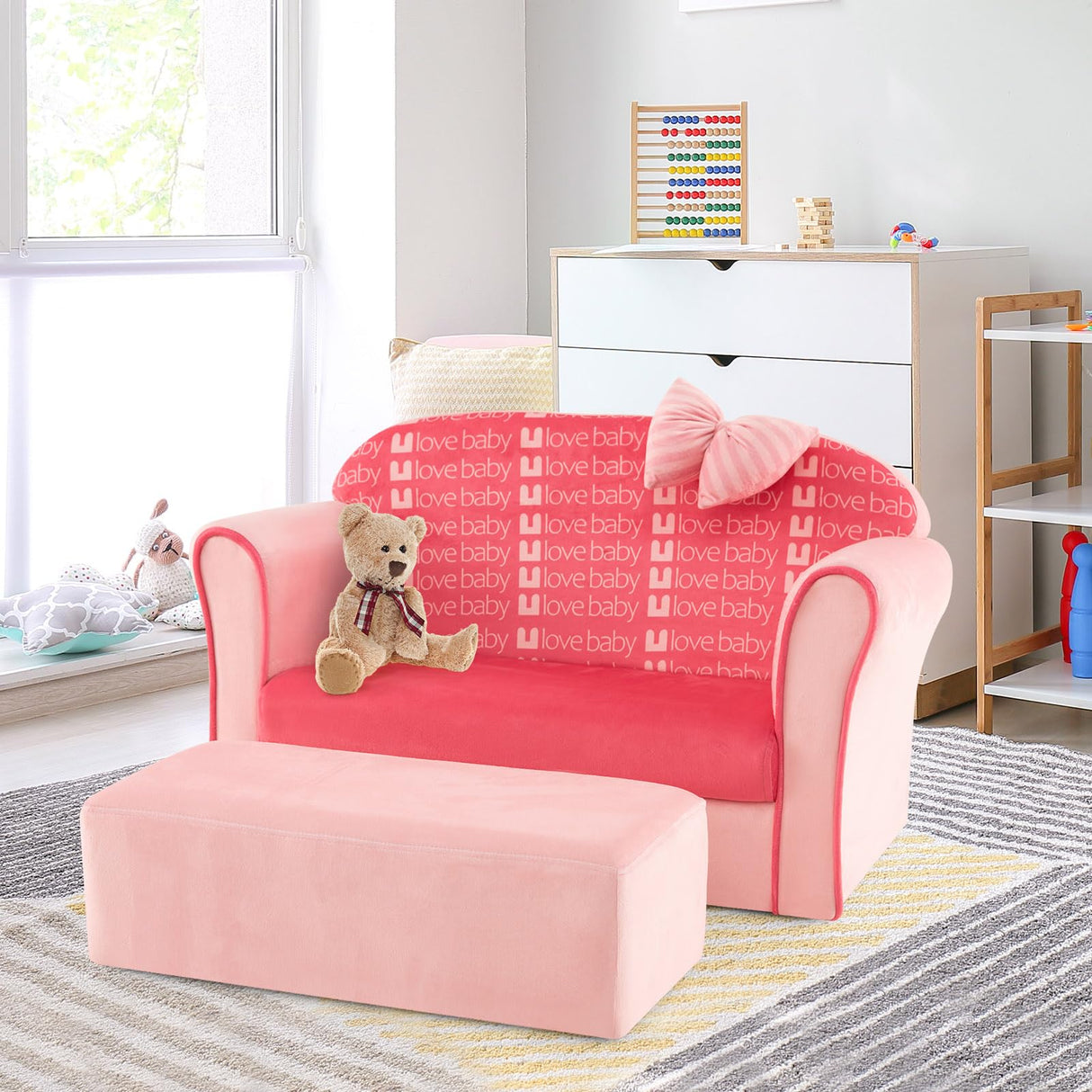 Pink Toddler Couch, Comfy Kids Chair w/Ottoman, Cute Bow, Lightweight Kids Playroom Furniture w/Velvet Cover & Wooden Frame, Princess Style Loveseat for Bedroom, Kids Sofa for Girls Boys