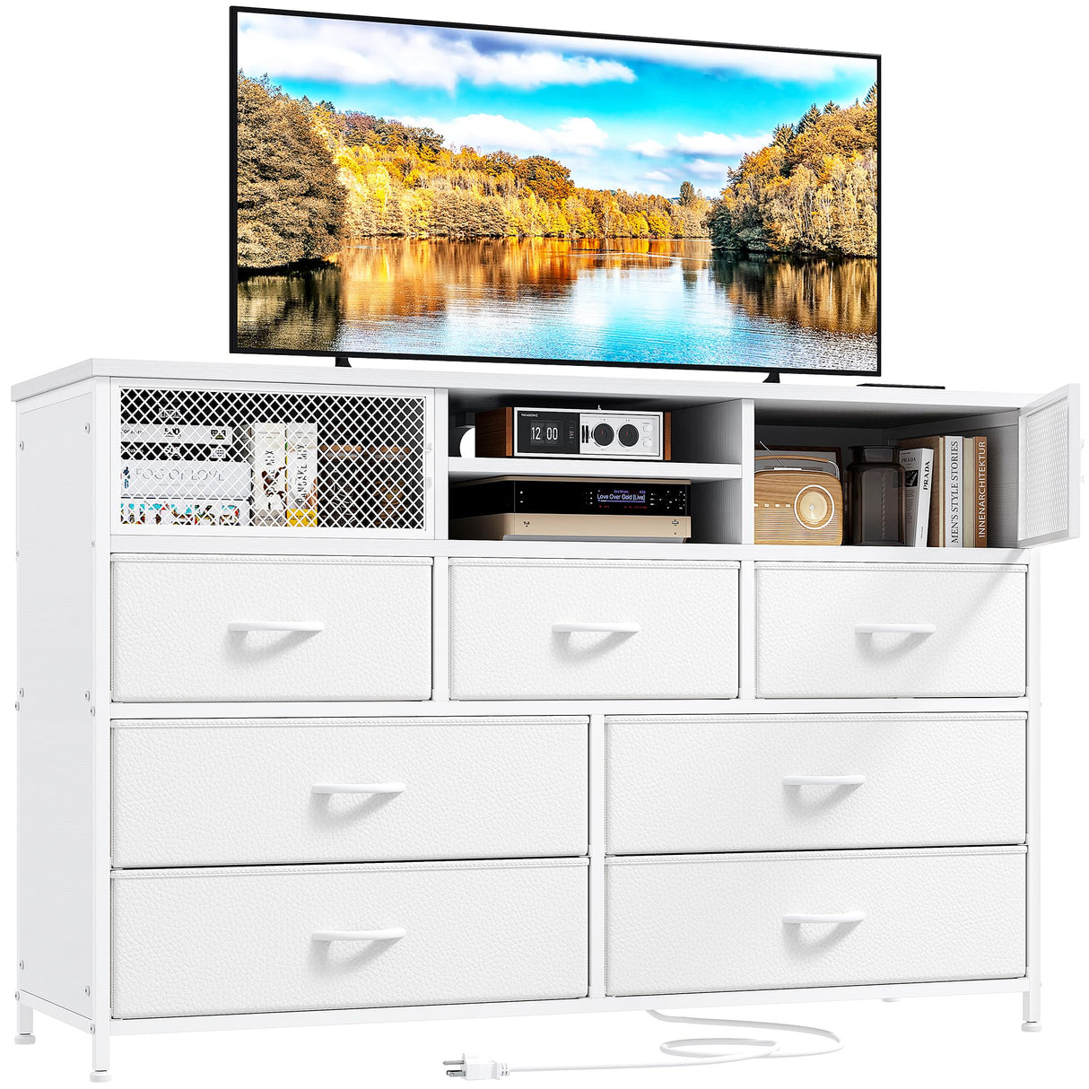 White Dresser TV Stand with Power Outlet TV Stand for Bedroom TV Stands for Living Room