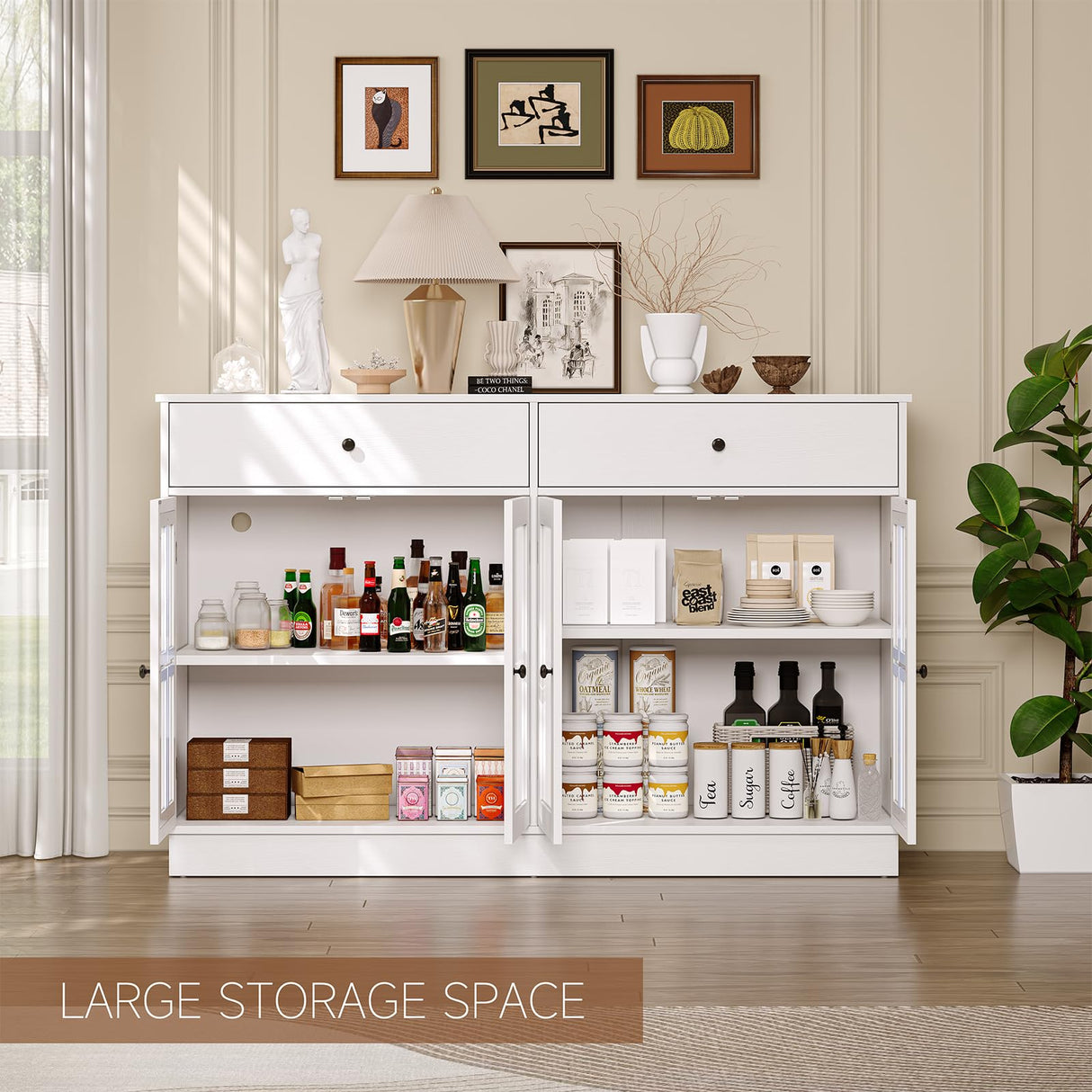 Buffet Cabinet with Storage, White Sideboard Buffet Cabinet Featuring LED Light