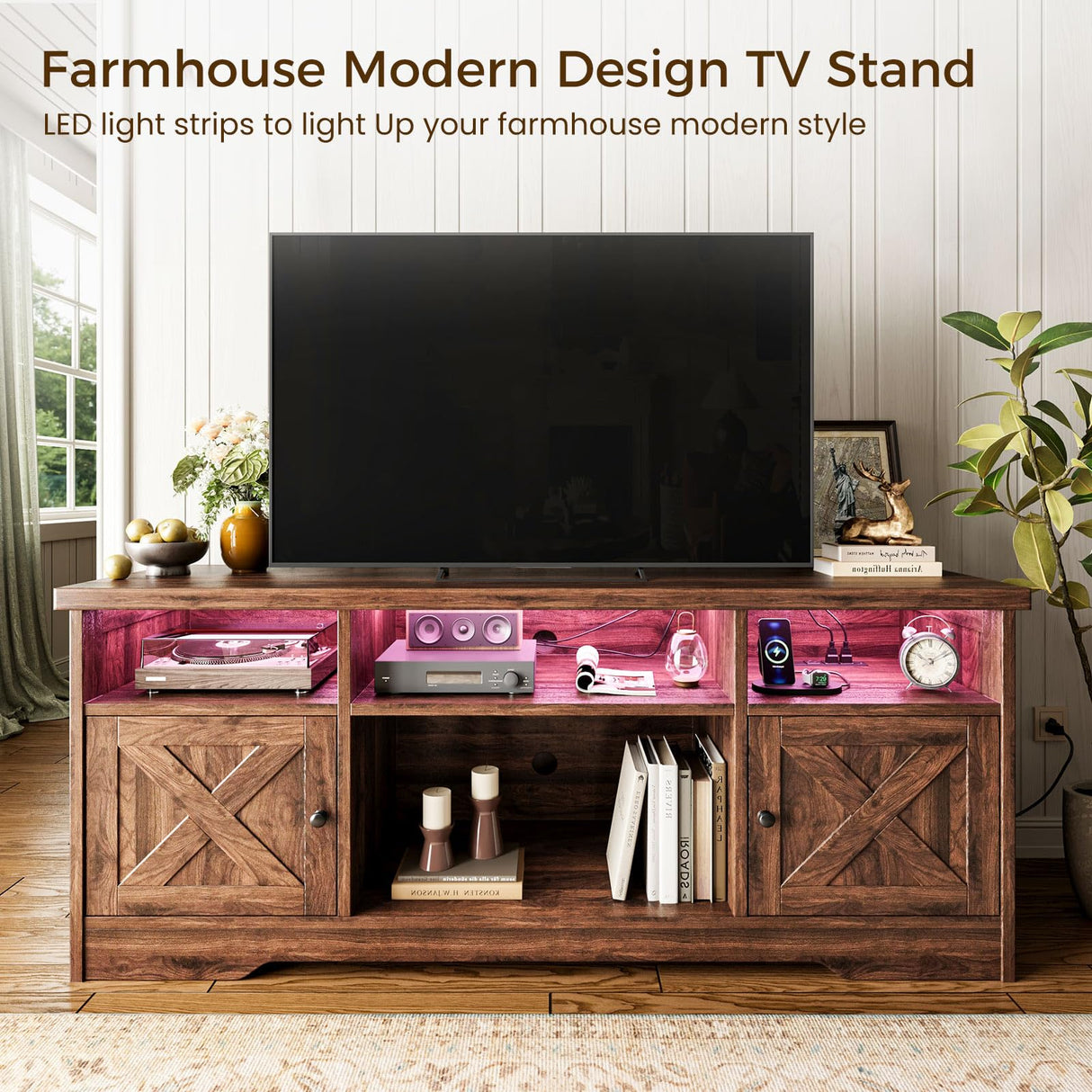 65 Inch Farmhouse TV Stand with Power Outlet & LED Lights