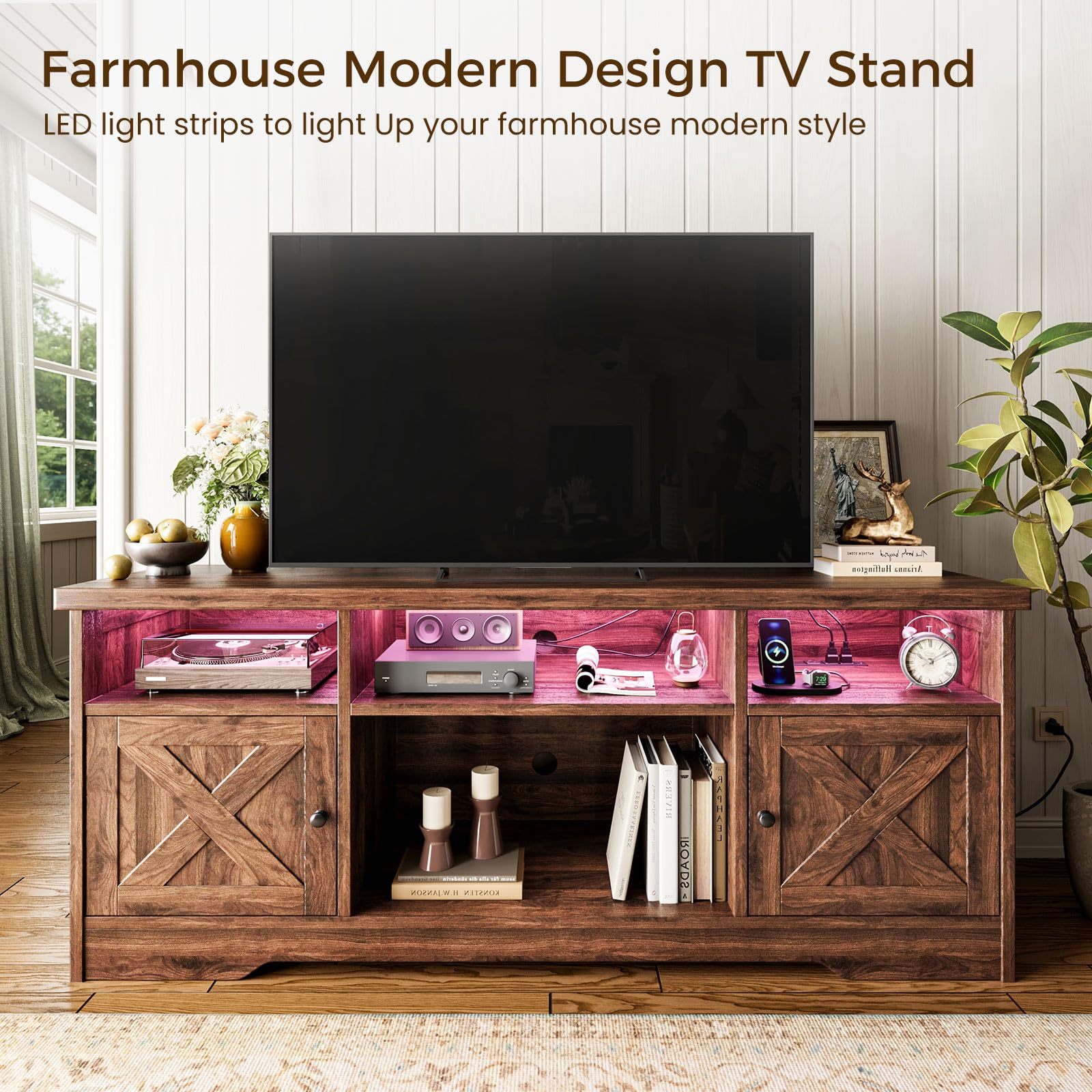 65 Inch Farmhouse TV Stand with Power Outlet & LED Lights