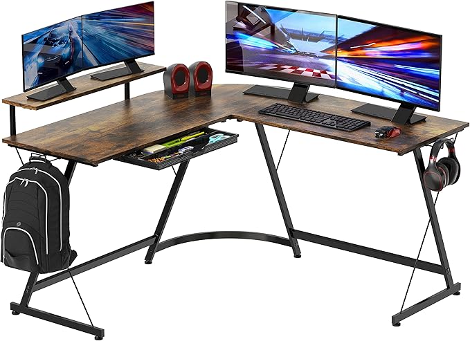 Vista L-Shape Desk with Monitor Stand, Black