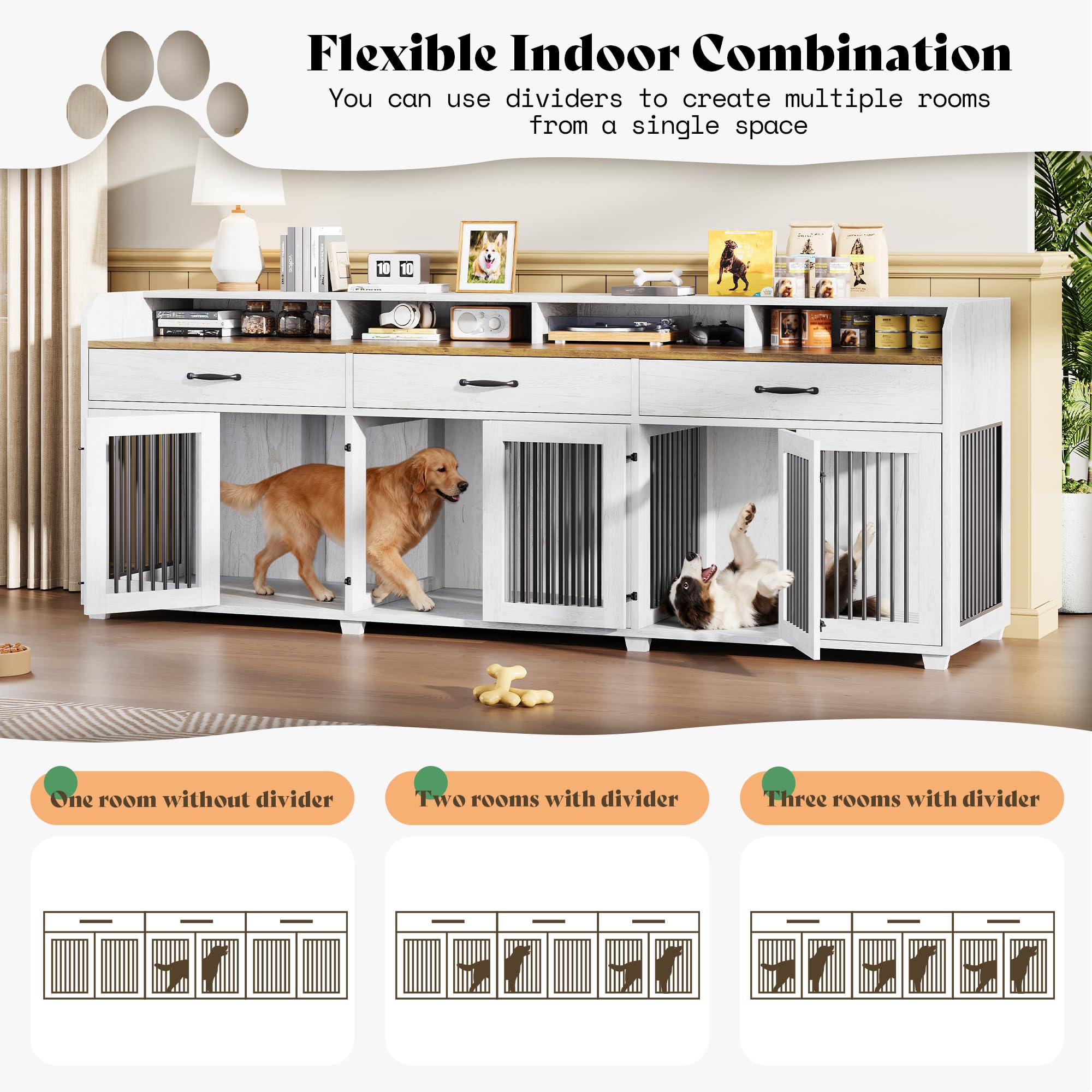 95" Dog Crate Furniture with Storage - 3-Room Wooden Kennel TV Stand
