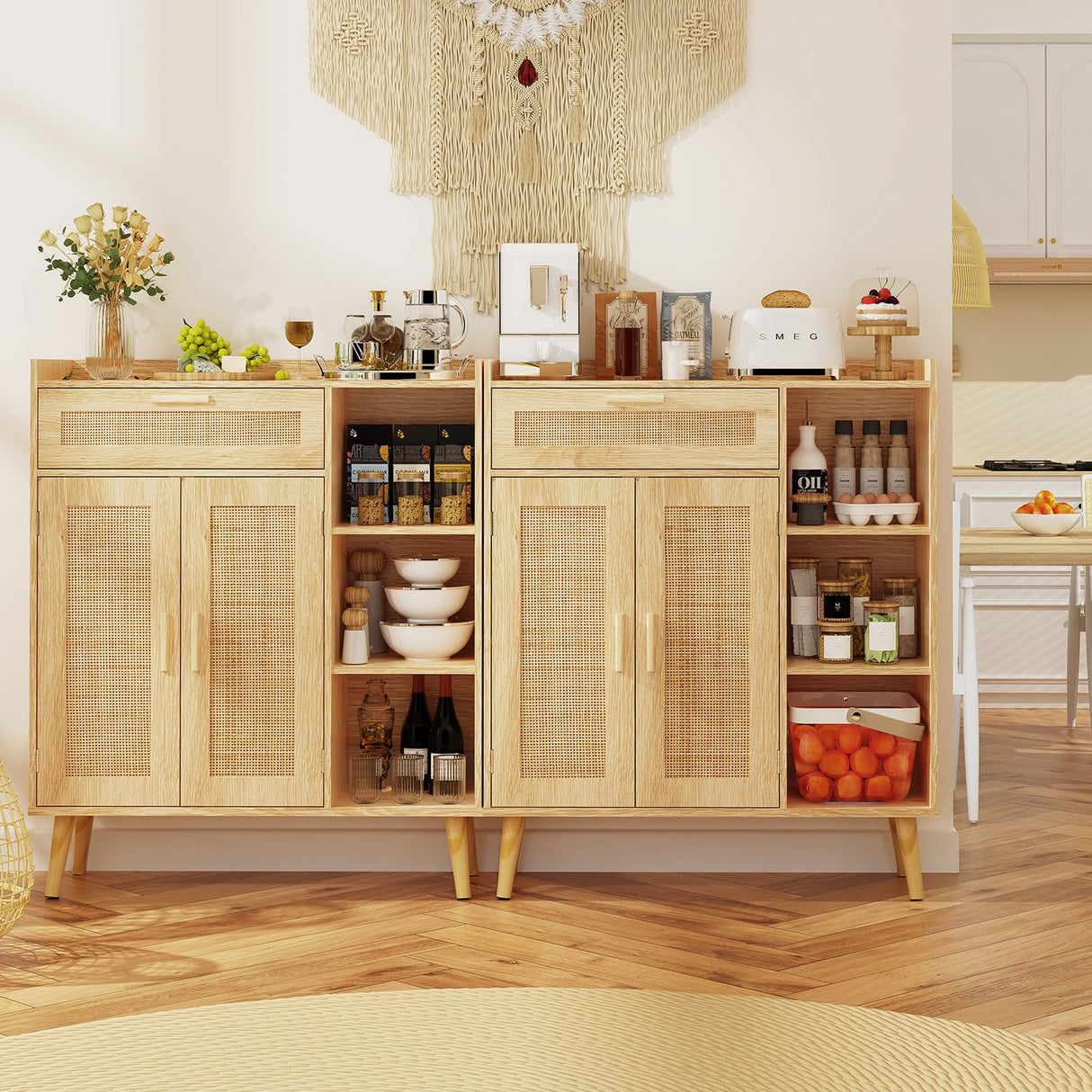 Storage Cabinet with Rattan Doors, Rattan Sideboard Cabinet with 1 Large Drawer,