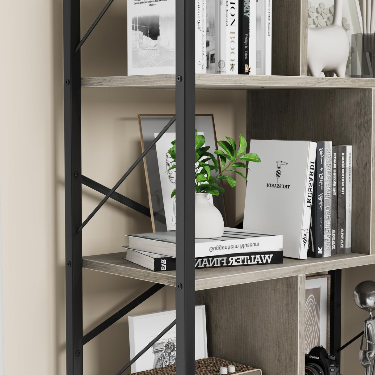 5 Tier Bookshelf with Storage, 61 Inch Tall Industrial Book Shelf with Open Display Bookshelves