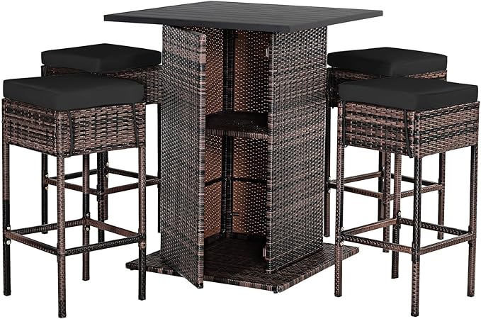 5-Piece Outdoor Bar Set, Wicker Rattan Bar Height Patio Set w/4 Cushion Bar Stools