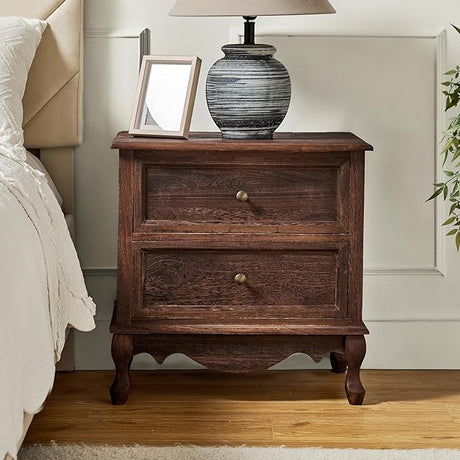 Wood Nightstand with Charging Station Space, Bedside Table 2 Drawer Dresser