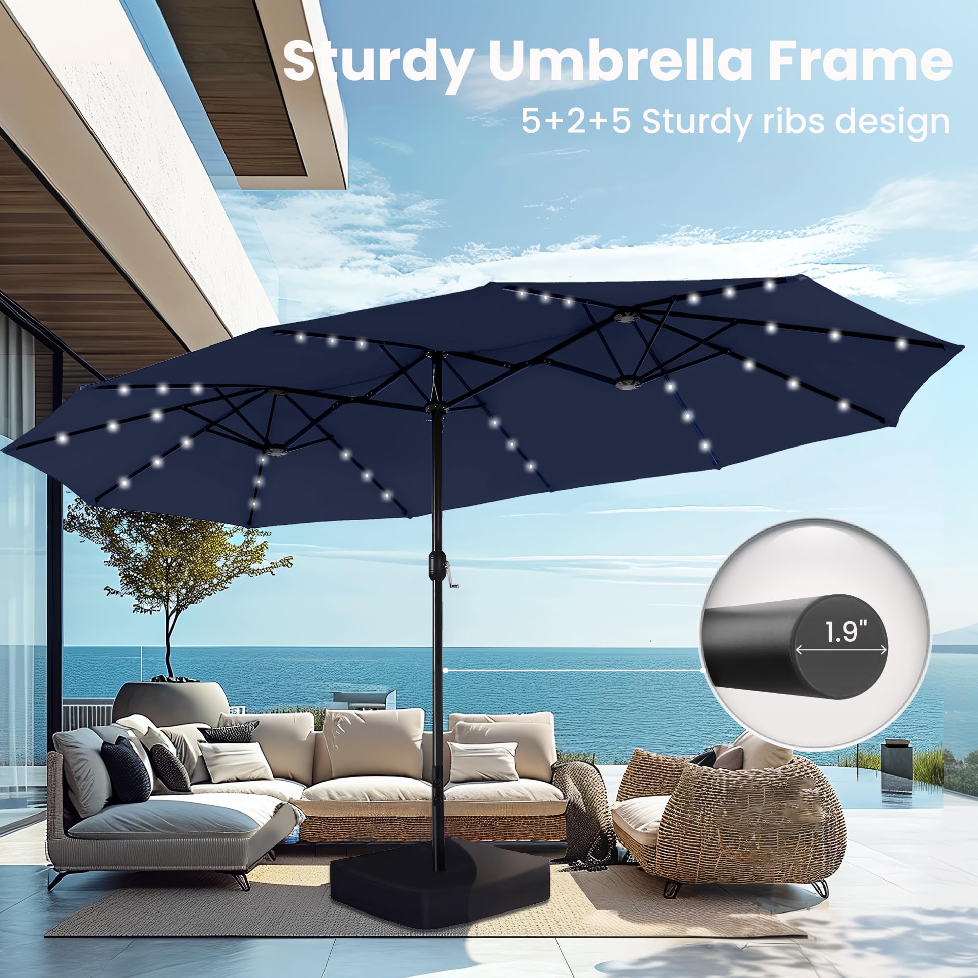 Large Patio Umbrella with Solar Lights, Double-Sided Outdoor Market Rectangle Umbrellas