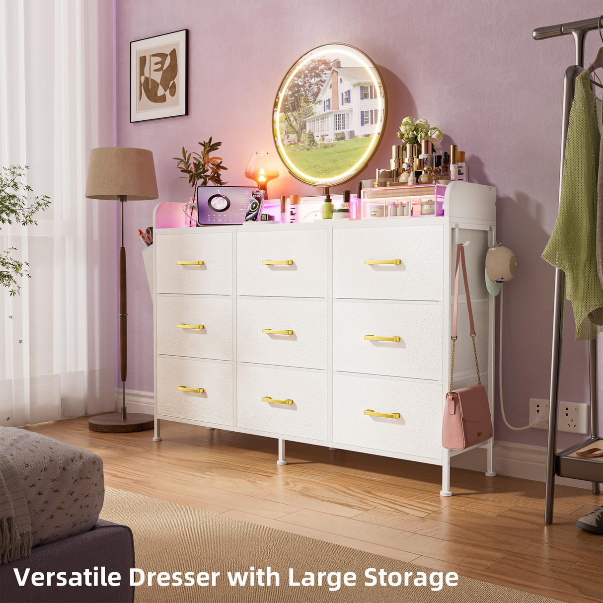 White Dresser for Bedroom, Bedroom Dresser with LED Lights and Charging Station, 9