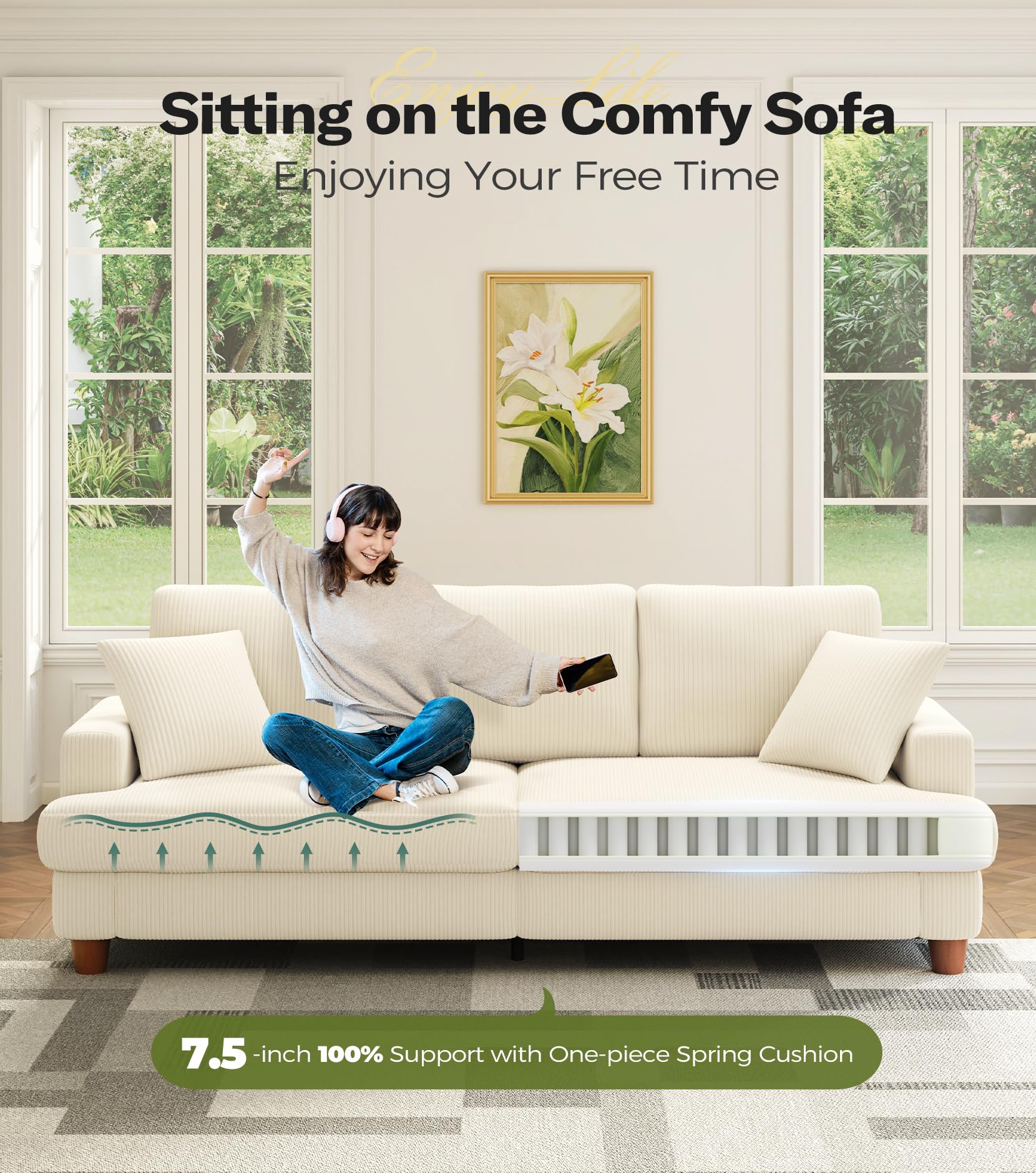 87in Beige White Sofa, Couches for Living Room 21in Extra Deep Seats