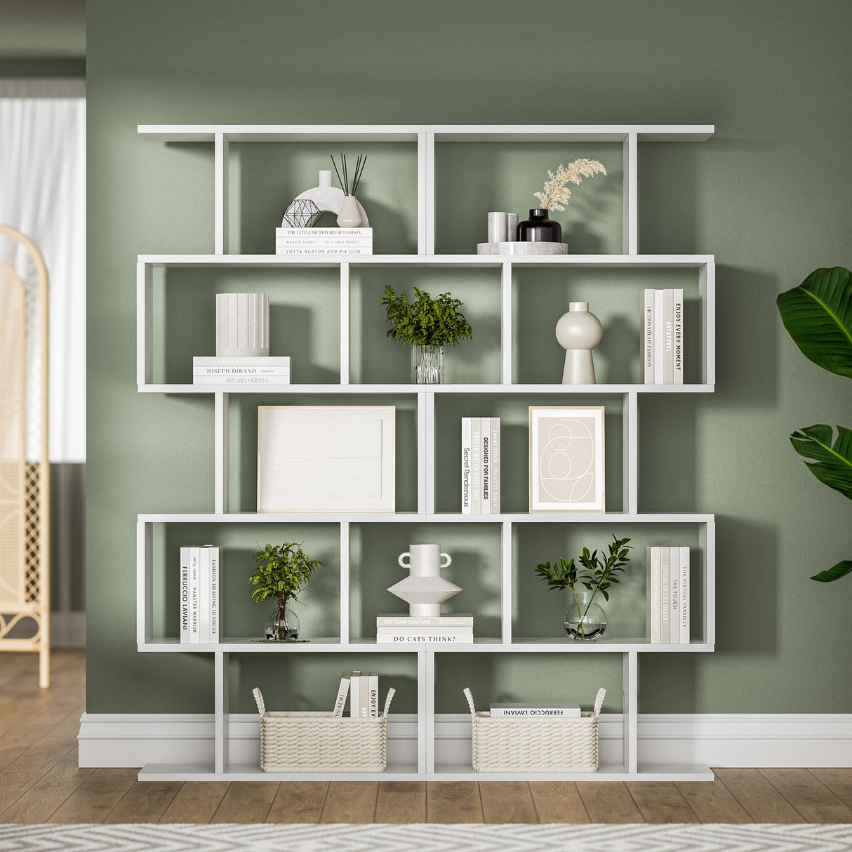 White 5-Tier Geometric Bookcase, S-Shaped Modern Bookshelf Set of 2, 62.6" Tall Room