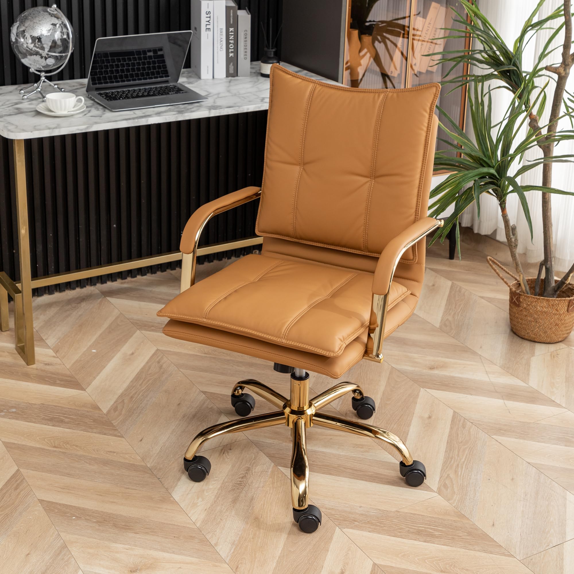 Leather Mid-Back Office Chair with Golden Legs - Camel